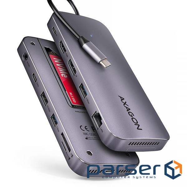Хаб концентратор AXAGON HMC-12GM2 USB-C 10 Гбіт/с GEN2COMBO 12-в-1 PD 100W, Сірий