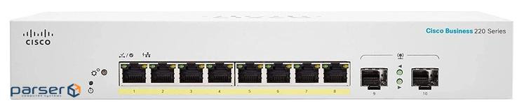 8x 10/100/1000 ports (65W PoE budget) + 2x GE SFP Smart Switch (CBS220-8P-E-2G-EU)