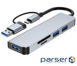 Хаб USB Fenvi F-TUH5, Grey, Type-C / USB 3.0 - 1xUSB 3.0 / 2xUSB 2.0 / microSD / SD, кабель 12 см, а