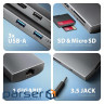 Концентратор AXAGON USBC to 3xUSB-A + HDMI + RJ45 + SD/microSD + audio + PD 100W 0.2m grey (HMC-8HLSA)