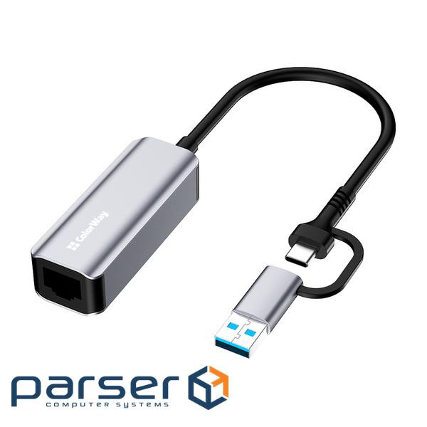 Адаптер USB-C + USB A to RJ45 Ethernet 1000Mbps ColorWay (CW-AD-CRG)