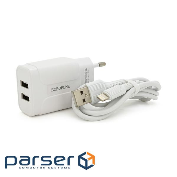 Мережевий зарядний пристрій BOROFONE BA37A Speedy dual port charger(Lightning) White (BA37ALW) BOROFONE BA37A Speedy dual port charger(Lightning) White (BA37ALW)
