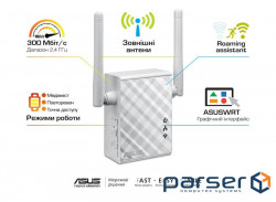 Повторювач Wi-Fi сигналу ASUS RP-N12 N300 1х FE LAN ext. ant x2 (90IG01X0-BO2100)