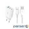 Зарядний пристрій XO L101 PD + QC3.0 (1USB/2Type-C/20W) + USB - MicroUSB White (XO-L101-WH)