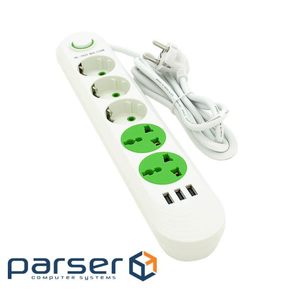 Фільтр мережевий 1.5 м, Voltronic F02U, 3 розетки EU + 2 розетки Universal + 3 USB, 1.5 м (F02U-WHITE)