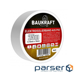 Ізоляційна стрічка ПВХ 0,15ммx19ммx25м біла, TM BAUKRAFT (166492) , TM BAUKRAFT (166492)