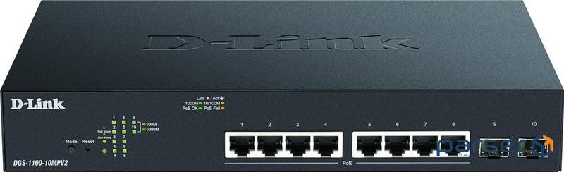 Комутатор D-Link DGS-1100-10MPV2 8xGE PoE 2xSFP, 130Вт, EasySmart (DGS-1100-10MPV2/E)