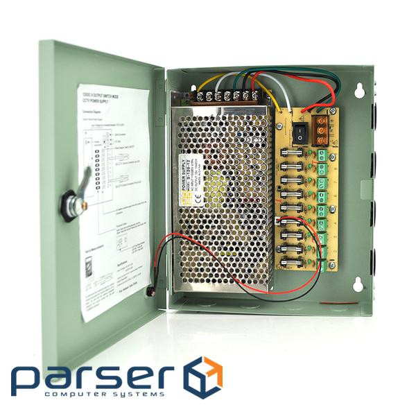 Імпульсний блок живлення 12V-10A / 9CH в боксі з замком перфорований, 9-ти канальний, Q20 , Q20
