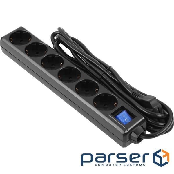 Мережевий фільтр 2E 2E-U06ESM3BK Black, 6 розеток, 3м 