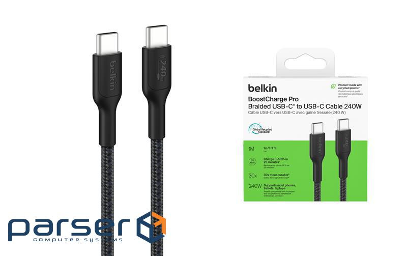 Кабель USB-C > USB-C заряджання/синхронізації Belkin 1м, 240Вт, Type-C, плетений, (CAB025HQ1MBK)
