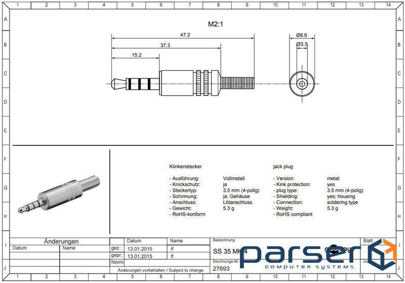Штекер FreeEnd-Jack 3.5mm 4pin,/M конектор Stereo Metal Protect,металік (75.02.7693-1) (75.02.7693-1)