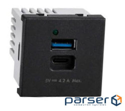 Зарядний пристрій 2хUSB тип A+C, 5V, DC 4,2A K45 45x45мм, чорний (K126G/14)