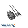 Зарядний пристрій HOCO C141A 2xUSB + cable USB to Lightning black (6942007627863)