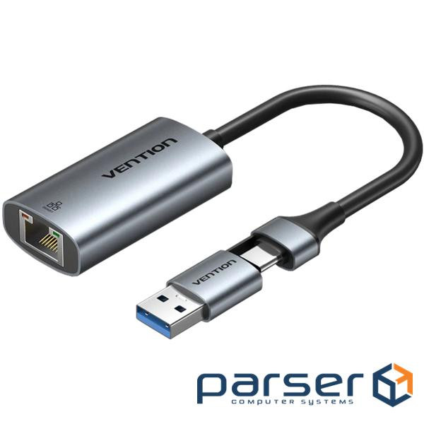 Перехідник USB-C + USB A to RJ45 Ethernet 1000Mbps 0.15m aluminum gray Vention (CFQHB)