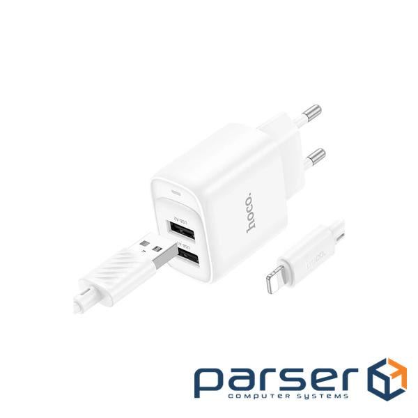 Зарядний пристрій HOCO C141A 2xUSB + cable USB to Lightning white (6942007627870)