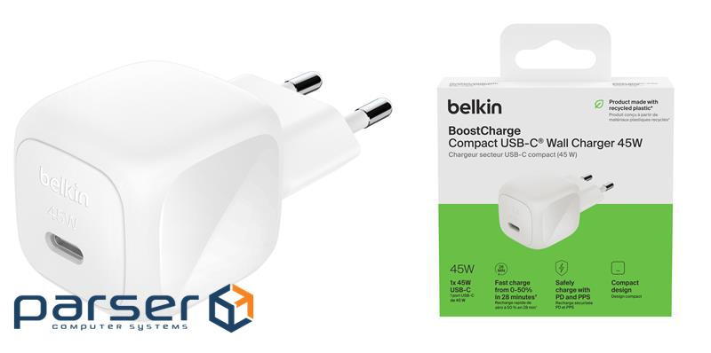 Зарядний пристрій мережевий Belkin 45Вт USB-С PD PPS, білий (WCA013KQWH)