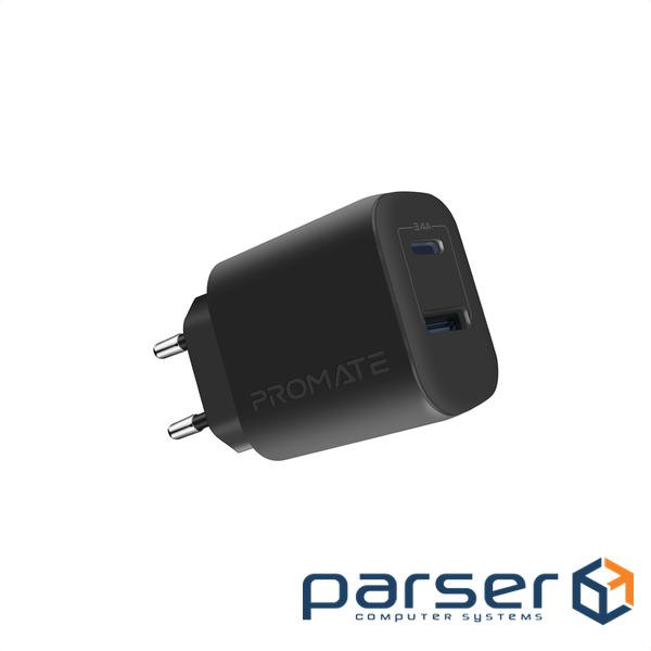 Зарядний пристрій Promate 17W USB-C + USB-A (biplug-2.black)