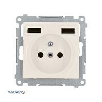 Роз ел зазем French 16A 250V та заряд пристр 2хUSB A+A 2.1А 5V, Simon54, кремови (DGZ1ZUSB2AA.01/41)