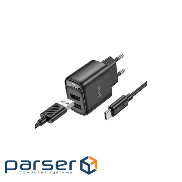Зарядний пристрій HOCO C141A 2xUSB + cable USB to USB-C black (6942007627900)