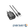 Зарядний пристрій HOCO C141A 2xUSB + cable USB to USB-C black (6942007627900)