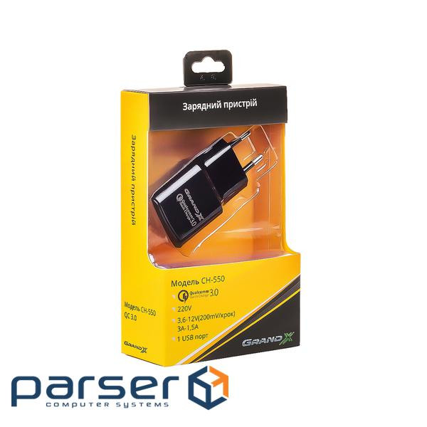 Зарядний пристрій Grand-X CH-550BM (Quick Charg QC3.0 Grand-X 3.6V-12V, 3A-1.5A + DC c