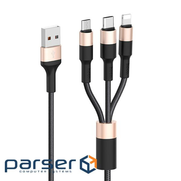 Кабель HOCO X26 USB to iP+Type-C+Micro 2A, 1m, nylon, aluminum connectors Black+Gold (6957531080275)