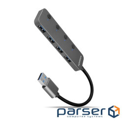 Хаб AXAGON HUE-MSA SuperSpeed USB-A SWITCH hub w. CHARGING function, 20cm USB-A cable, Silver