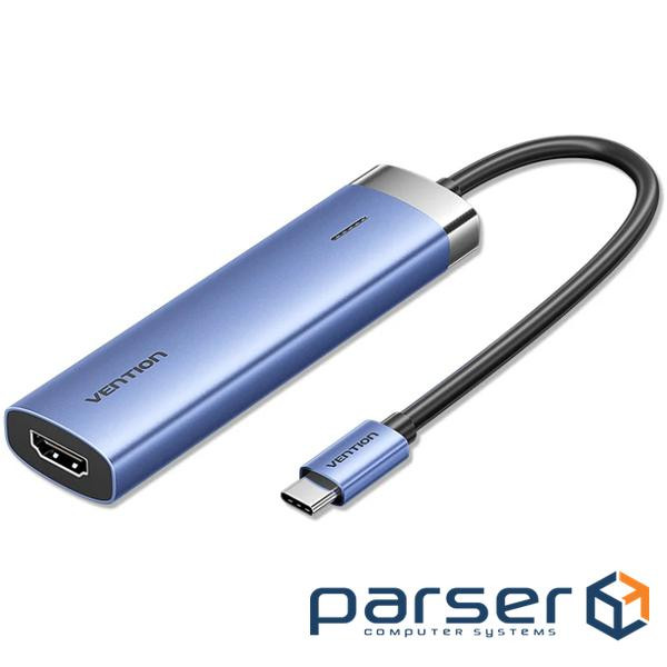 Концентратор VENTION USB 3.1 Type-C to HDMI/USB 3.0x3/PD 100W Blue Aluminum Alloy Hub 5-in-1 (TGESB)