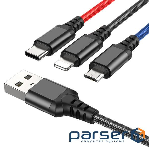 Кабель HOCO X76 USB to iP+Type-C+Micro 2A, 1m, nylon, aluminum connectors Black+Red+ (6931474768636)