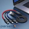 Кабель HOCO X76 USB to iP+Type-C+Micro 2A, 1m, nylon, aluminum connectors Black+Red+ (6931474768636)
