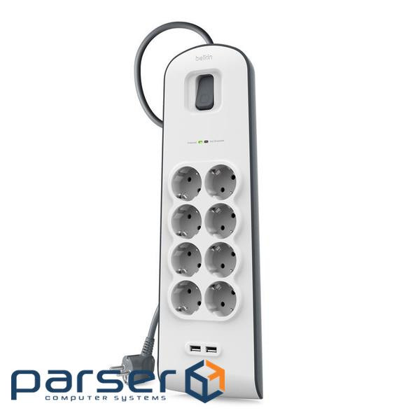 Подовжувач-фільтр мережевий Belkin 8хТип F, 3x1.5мм кв, 16А, 2xUSB-A 2.4A, з захисто (BSV804VF2M-V2)