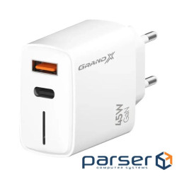 Зарядний пристрій Grand-X GaN 1xUSB-C + 1xUSB QC3.0 45W white (CH-460W)