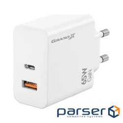 Зарядний пристрій Grand-X GaN 1xUSB-C + 1xUSB 65W PD3.0 QC4.0 AFC SCP FCP white (CH-960W)