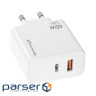 Зарядний пристрій Grand-X GaN 1xUSB-C + 1xUSB 65W PD3.0 QC4.0 AFC SCP FCP white (CH-960W)