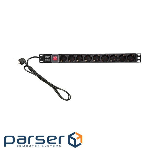 Подовжувач LP на 8 розеток з вимикачем, 220В 16A, німецький тип, 1U 19'', алюмінієвий корп (30249)