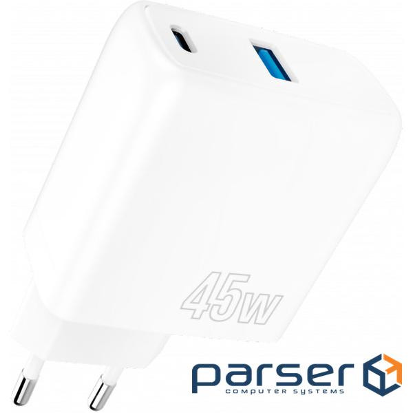 Зарядний пристрій PROOVE Silicone Power Plus 45W 1xUSB-A, 1xUSB-C, PD3.0, QC3.0 Whi (WCSP45110002)