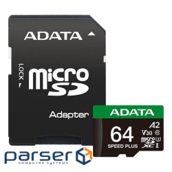 Карта пам"яті ADATA 64GB microSD class 10 UHS-I U3 V30 A2 Speed Plus (UD64GUI3V30A2SP-RA1)