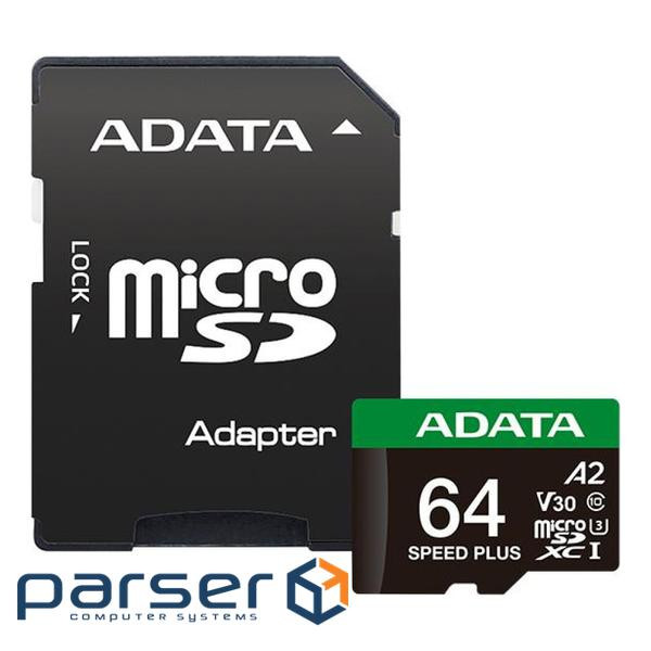 Карта пам"яті ADATA 64GB microSD class 10 UHS-I U3 V30 A2 Speed Plus (UD64GUI3V30A2SP-RA1)