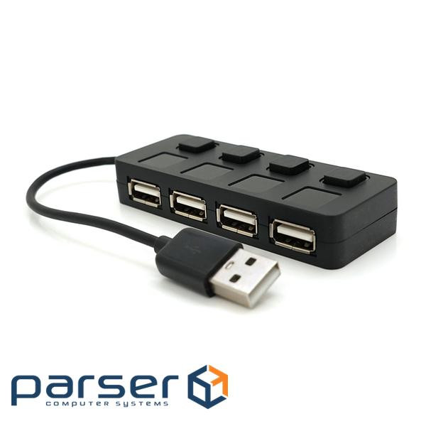 Хаб USB 2.0 4 порти, Black, 480Mbts живлення від USB, з кнопкою LED / Blue на кожен порт, (YT-H4L-B) , (YT-H4L-B)