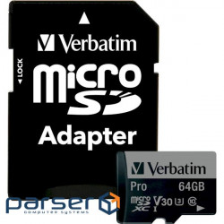 Memory card VERBATIM microSD Pro 64GB UHS-I U3 V30 A2 Class 10 + SD-adapter (47042)