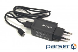 Mains charger PowerPlant W-280 (1xUSB 2A) Black + кабель microUS (SC230037)