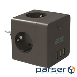 Адаптер мережевий 2E 3xТипF, 16A, 2xUSB-A, 1x USB-C фільтр, чорний (2E-AD431BK)