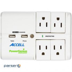 Accell Surge Protector D080B-024K PowerGenius Rotating 4-Outlet Surge Protector USB Charging - Wall