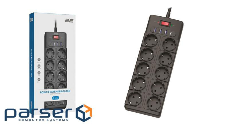 Подовжувач мережевий 2E 3м, 10xТипF, 16A, 3xUSB-A, 1xUSB-C, фільтр, чорний (2E-SP10M3USBBK)