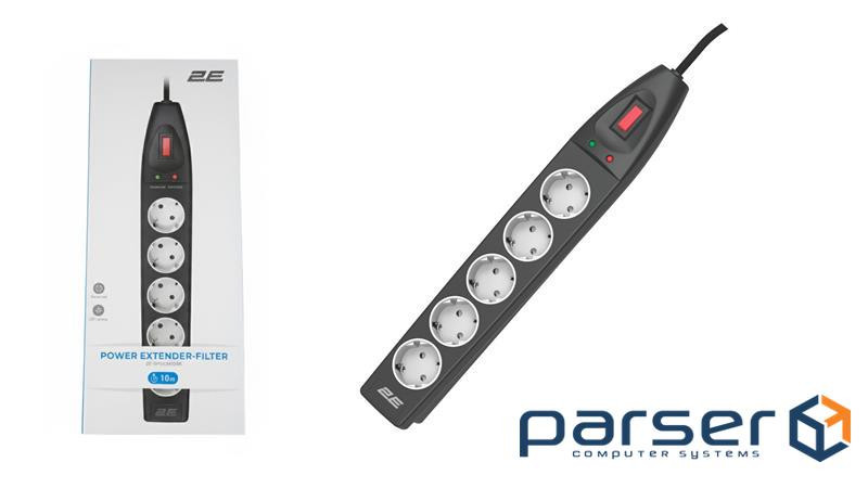 Подовжувач мережевий 2E 10м, 5xТипF, 16A, фільтр, чорний (2E-SP515M10BK)