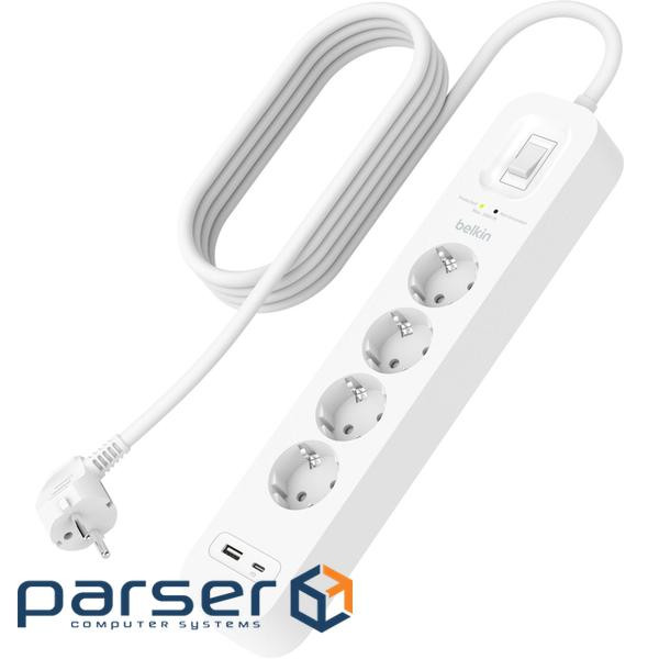 Мережевий фільтр живлення Belkin 4хТипF, 16А, USB-A/USB-C 18Вт, 2м (SRB001VF2M-V2)