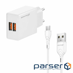 Зарядний пристрій Grand-X 2xUSB 5V 2.4A + cable USB to USB-C white (CH-15WT)