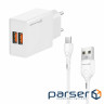 Зарядний пристрій Grand-X 2xUSB 5V 2.4A + cable USB to USB-C white (CH-15WT)