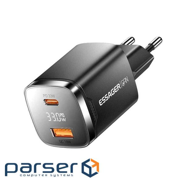Зарядний пристрій 1xUSB-C + 1xUSB 33W GaN black Essager (ECT33W-GMB01-Z)