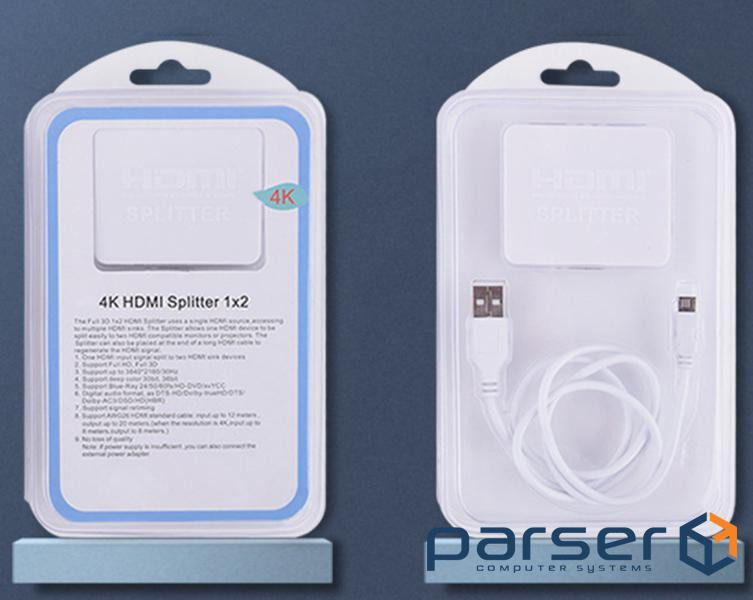 Відеорозгалужувач 2xHDMI, Splitter HDMI на 2 монітори, активний, v1.4a, 3D, 4K, білий (B00941) (B00941)